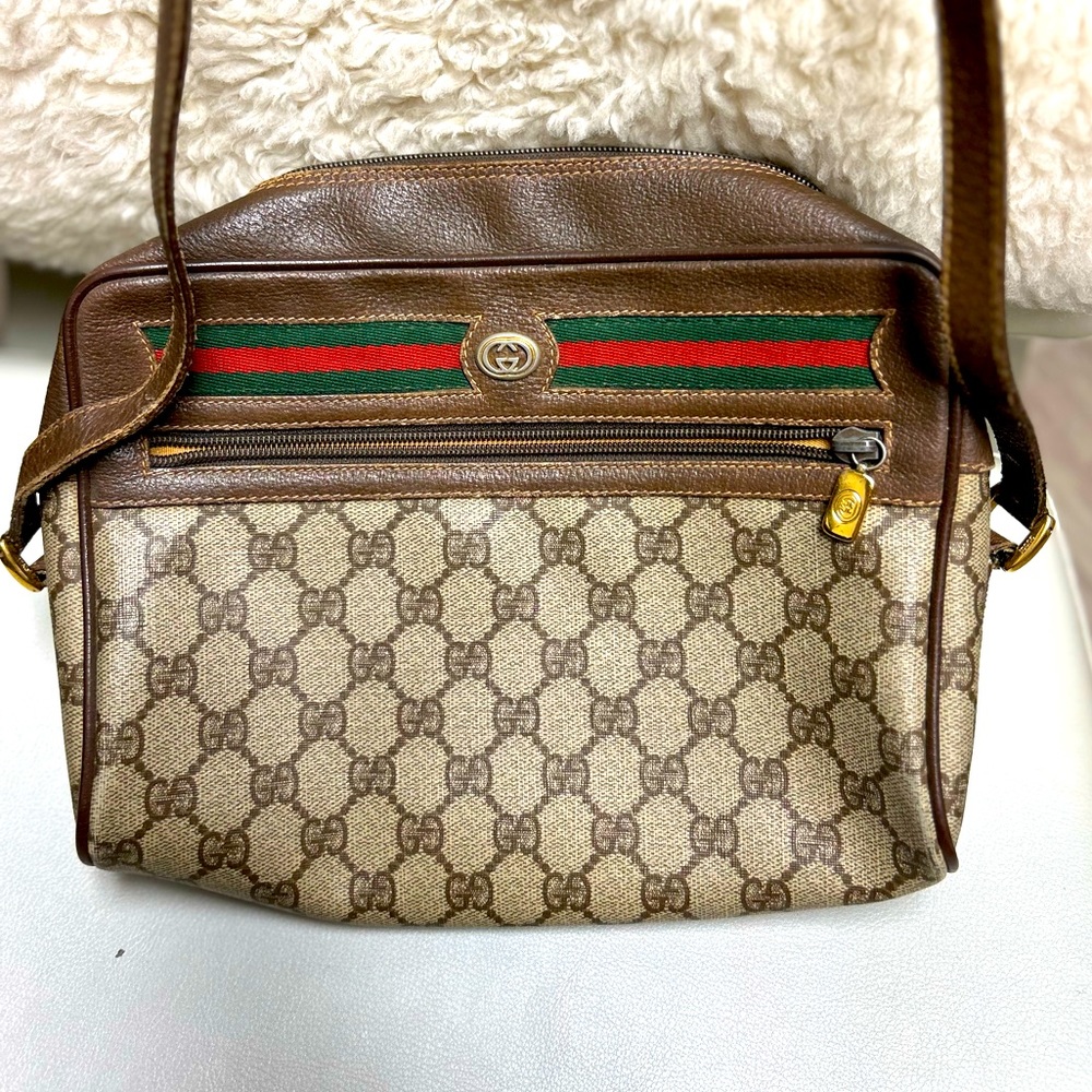 Authentic Vintage Gucci Brown Leather GG and GRG Webbing Accent Bag